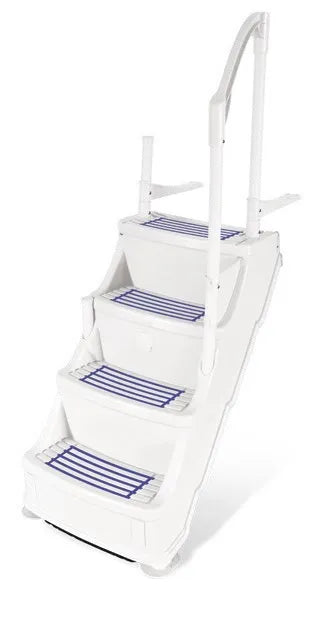 Image 1 du produit Marche | Olympic | Marches blanches pour piscine hors-terre avec une rampe. Largeur de 26 po (66cm) x hauteur de 47 po (119cm) (jusqu’à la 1ère marche). Hauteur réglable pour mur de 48-54 po (122cm - 137cm).